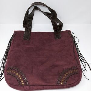 Light Cranberry Suede-ish Studded Tote Bag with Fringes